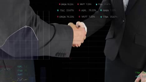 animation of data processing over businessman handshake