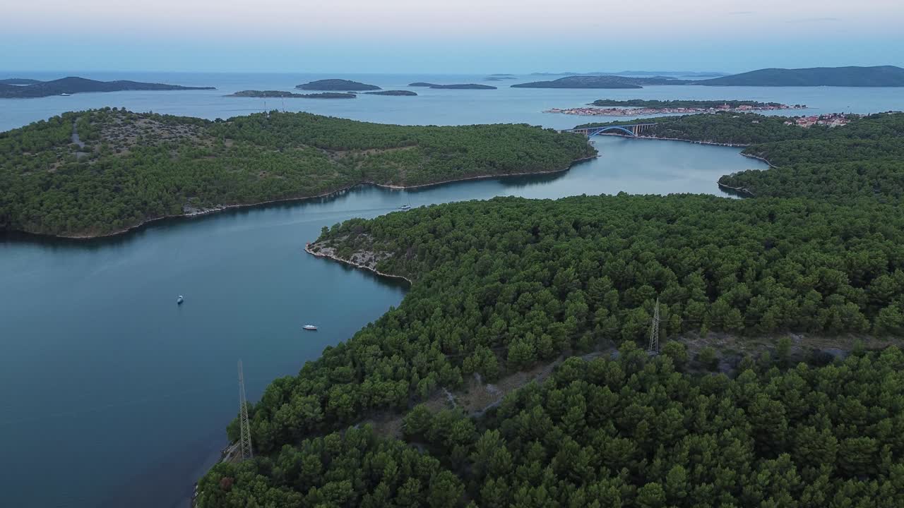 Aerial View of Greek Coastline: Forested Shoreline with Island,boats and Bridge