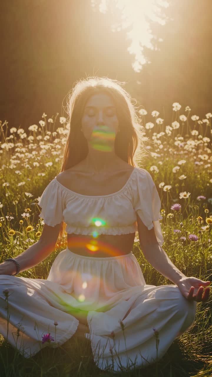 A serene video scene of a woman meditating in a sunlit meadow, captured from a low angle