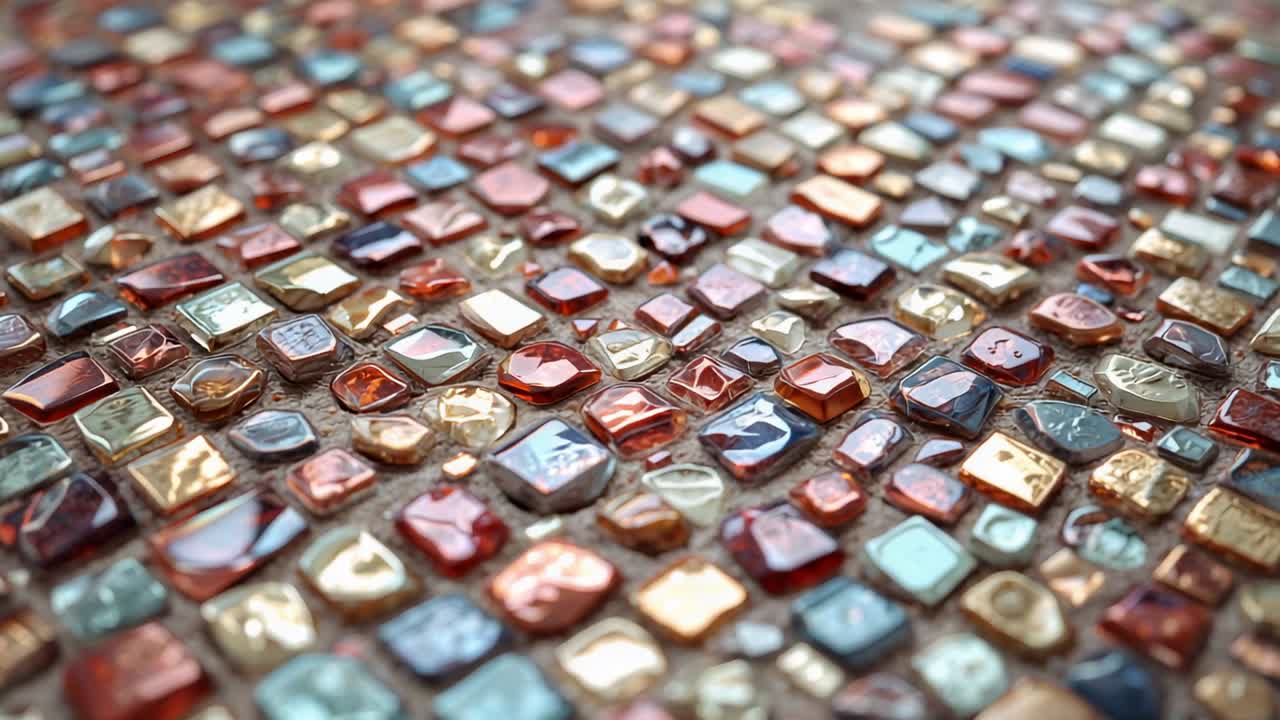 Pulling camera panning and racking focus over mosaic surface on tabletop, highlighting glossy tiles