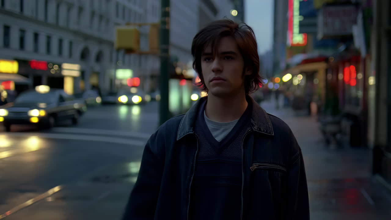 Young man posing on a city street at night