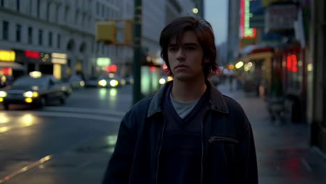 young man posing on a city street at night