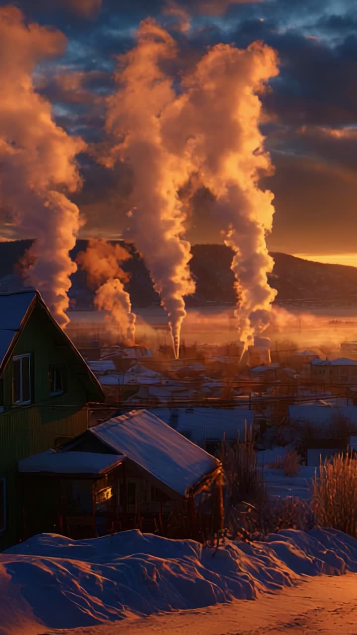 A Serene Winter Sunrise Over a Snow-Covered Village, Highlighted by billowing Steam Clouds Emanating from Chimneys, Capturing the Contrast of Warm Colors Against a Frosty Landscape