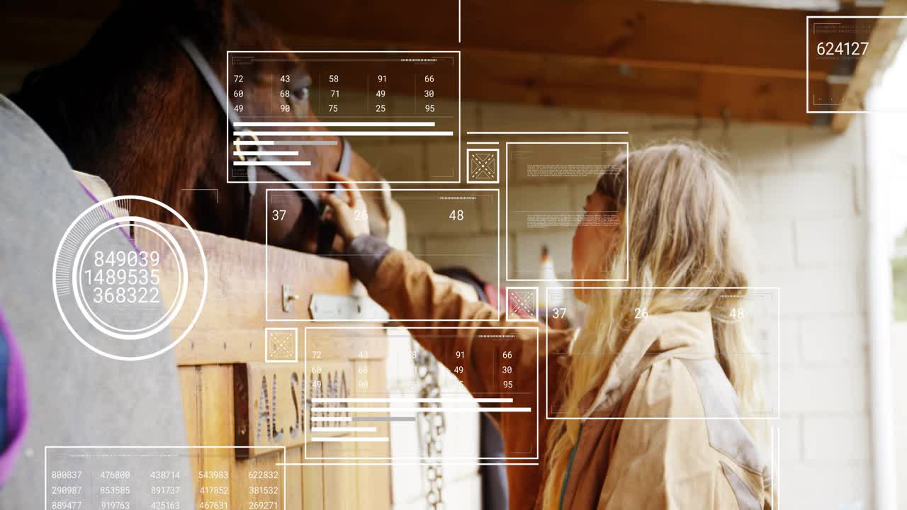 Female stable handler lifting right hand to halter and adjusting fit, HUD tech overlaying scene