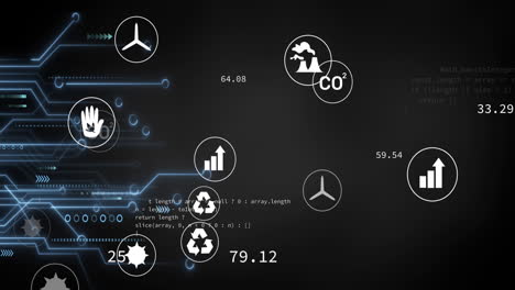animación de las conexiones del microprocesador, el procesamiento de datos y los iconos digitales contra un fondo gris