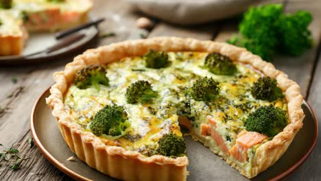 freshly baked salmon and broccoli quiche resting on wooden surface, revealing golden brown pastry and savory filling with carefully cut slice showcasing colorful ingredients