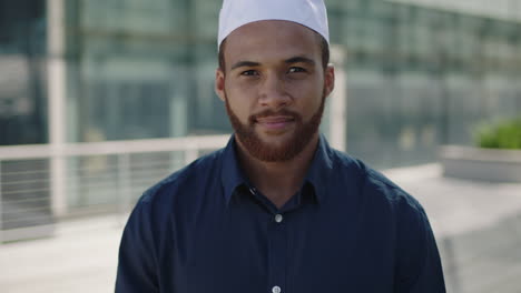 portrait of young muslim middle eastern man looking slow motion close up