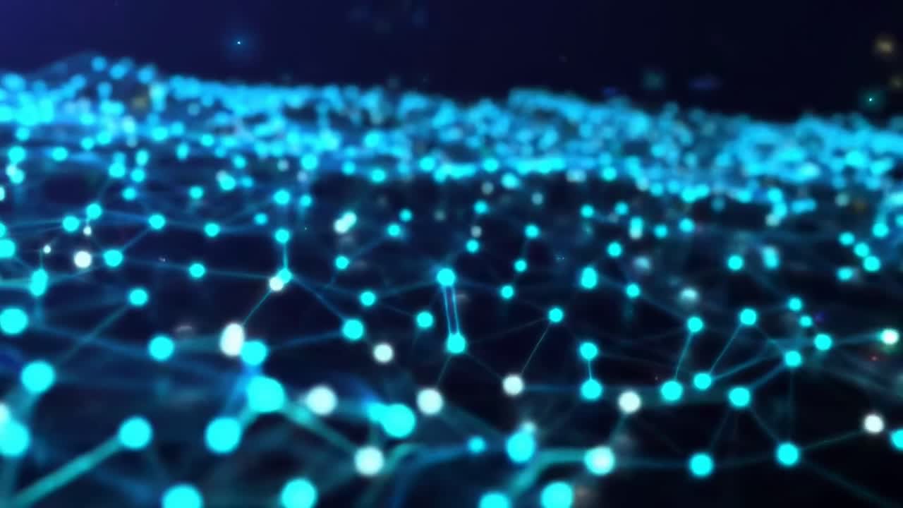 Futuristic video concept with glowing blue network nodes, low-angle perspective