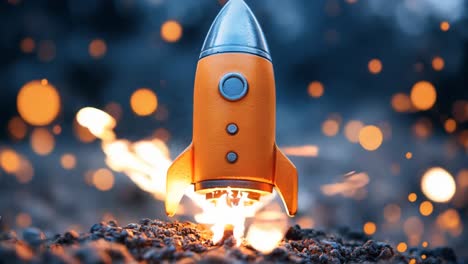 A small orange rocket is on the ground with a bright orange flame coming out of it. The image has a playful and whimsical mood, as if the rocket is about to take off into space