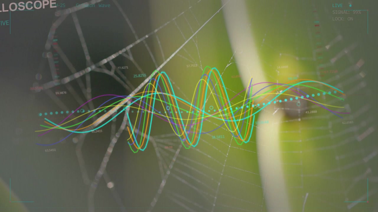 Dotted cyan trajectory appearing, colorful waves moving across web and stem visualizing vibrations