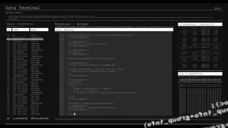 Data Terminal UI revealing console after code blur, loading entities, showing encryption for audit