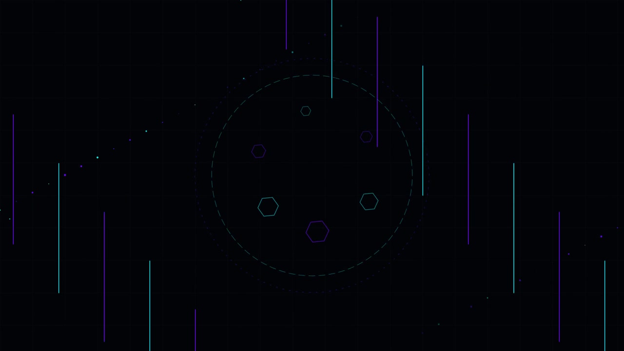 Abstract Digital Interface with Rotating Hexagons and Vertical Light Lines