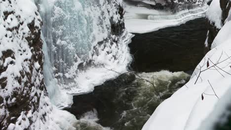 mountain river running through ice covered gorge, ausable chasm in adirondacks