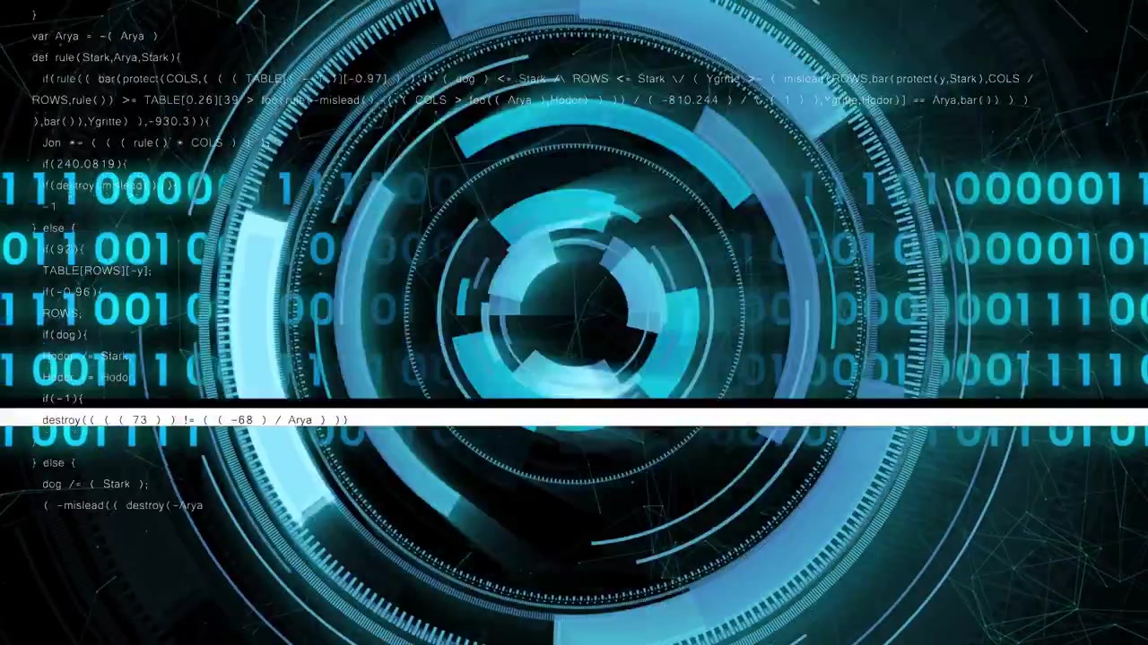 HUD circolare rotante che si accende sul display, visualizzando dati con colonne binarie crescenti e barra di scansione