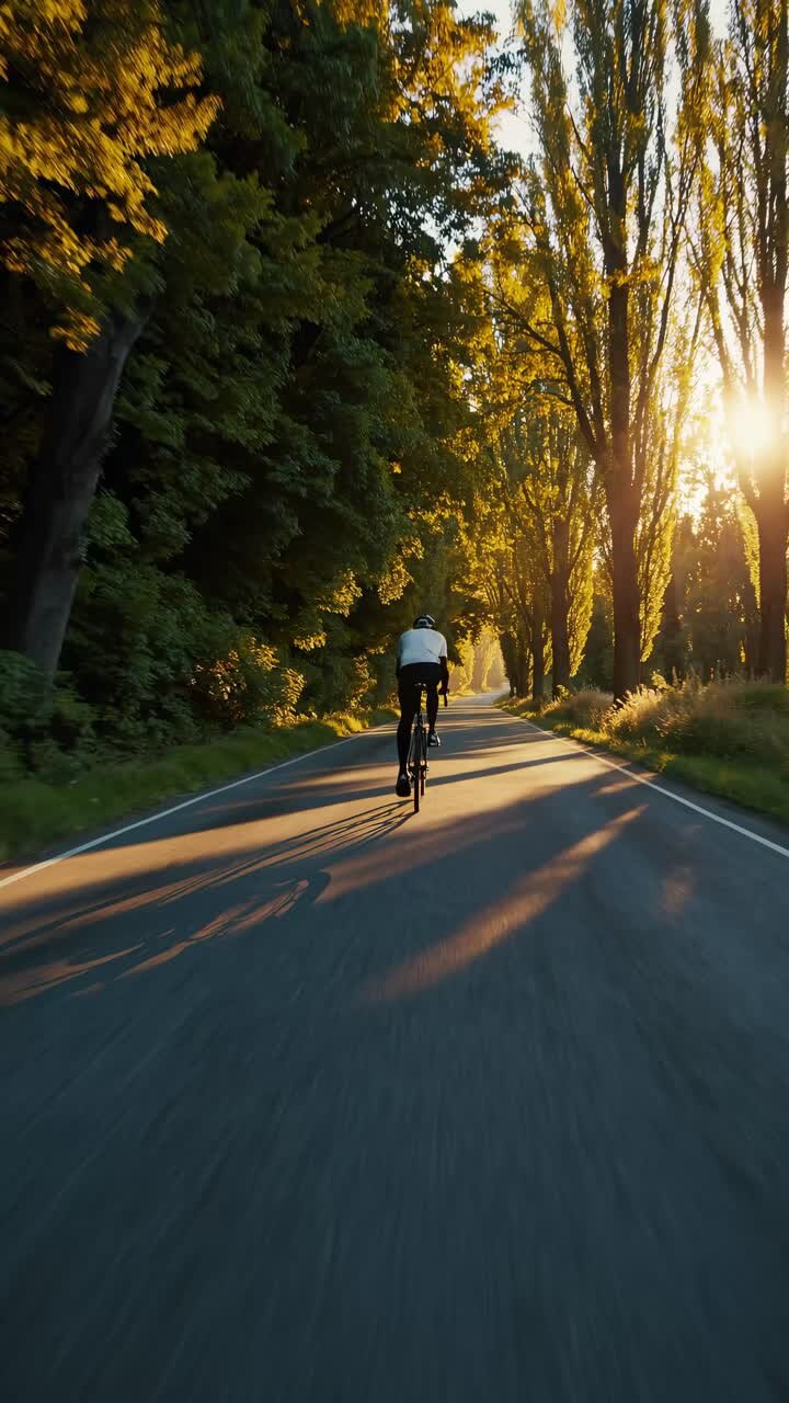 POV video of a cyclist on a tree-lined road at sunset, capturing motion and nature's beauty