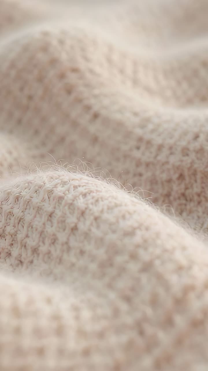 Vertikales Video: Fokusverlagerung, bei der die Kamera über beigefarbenes Strickmaterial im weichen Licht fährt und dabei Maschen und Fusseln sichtbar werden
