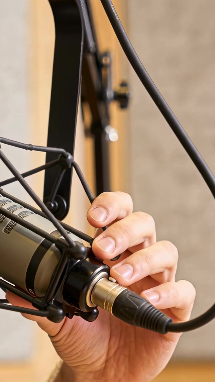 Video verticale: Mano che si avvicina e ruota una spina XLR nell'attacco del microfono in studio, fissando saldamente il cavo.