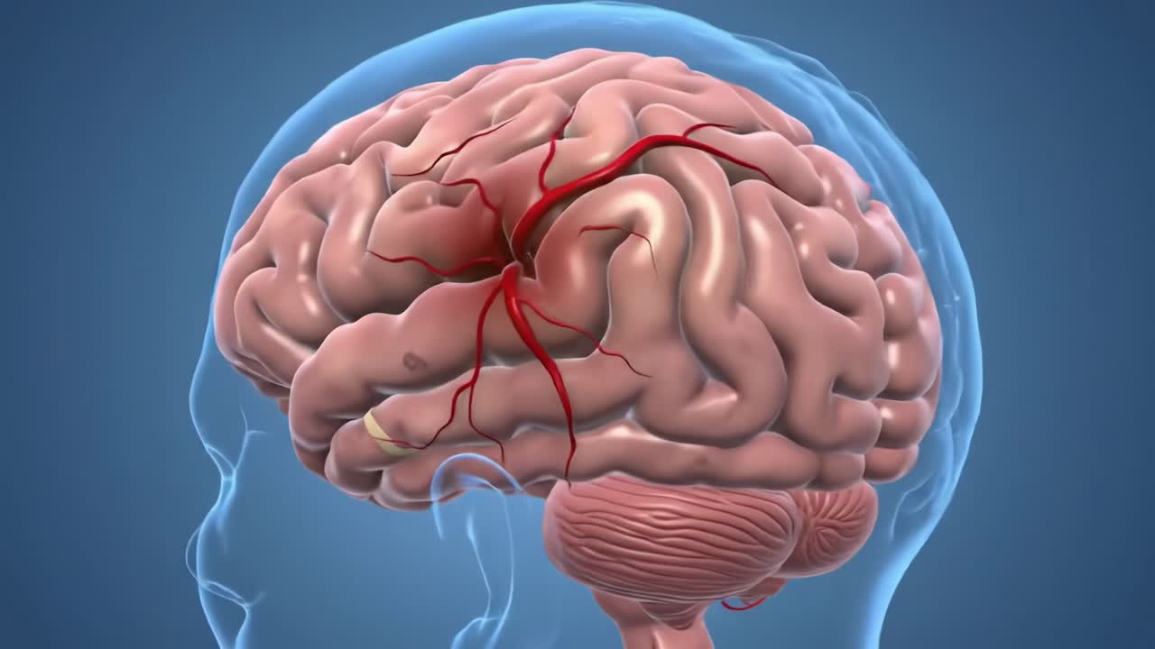 Illustration of a Human Brain Highlighting Circulatory Pathways, Depicting Intricate Neural Structures with Visual Cues of Blood Vessels and Grey Matter Dynamics