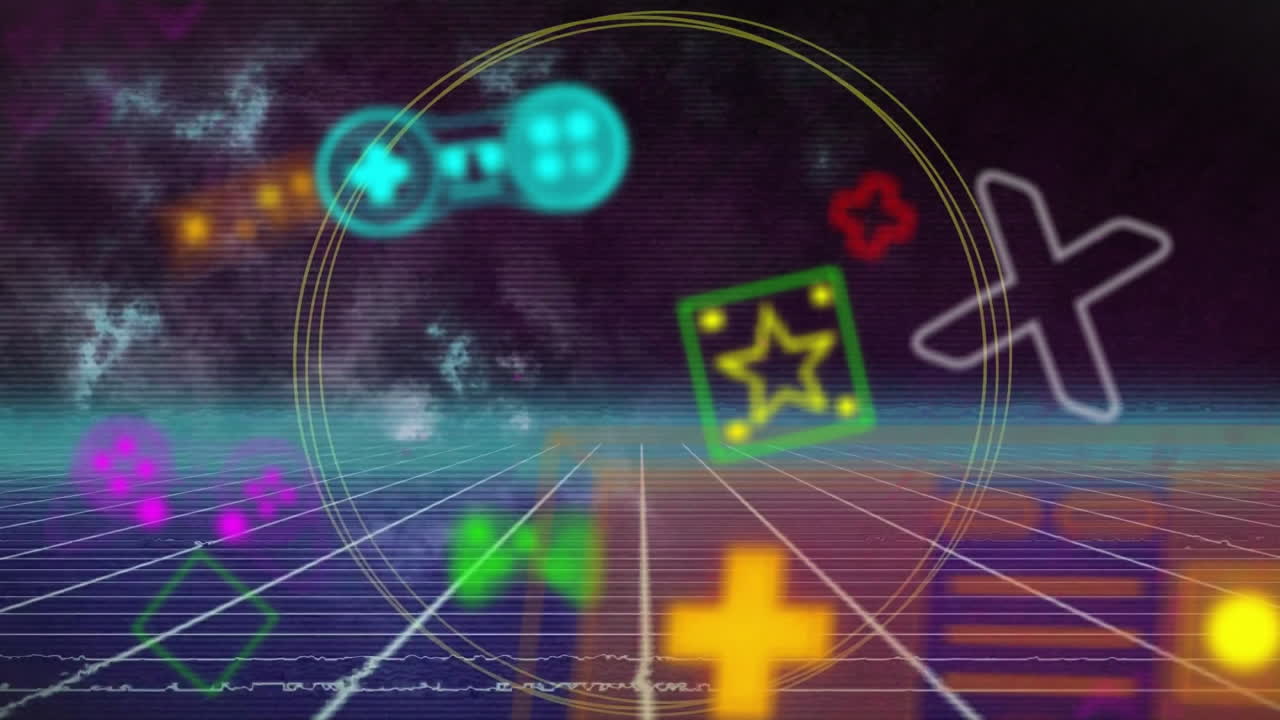 생생하고 추상적인 모양의 배경 위에 비디오 게임 패턴의 애니메이션