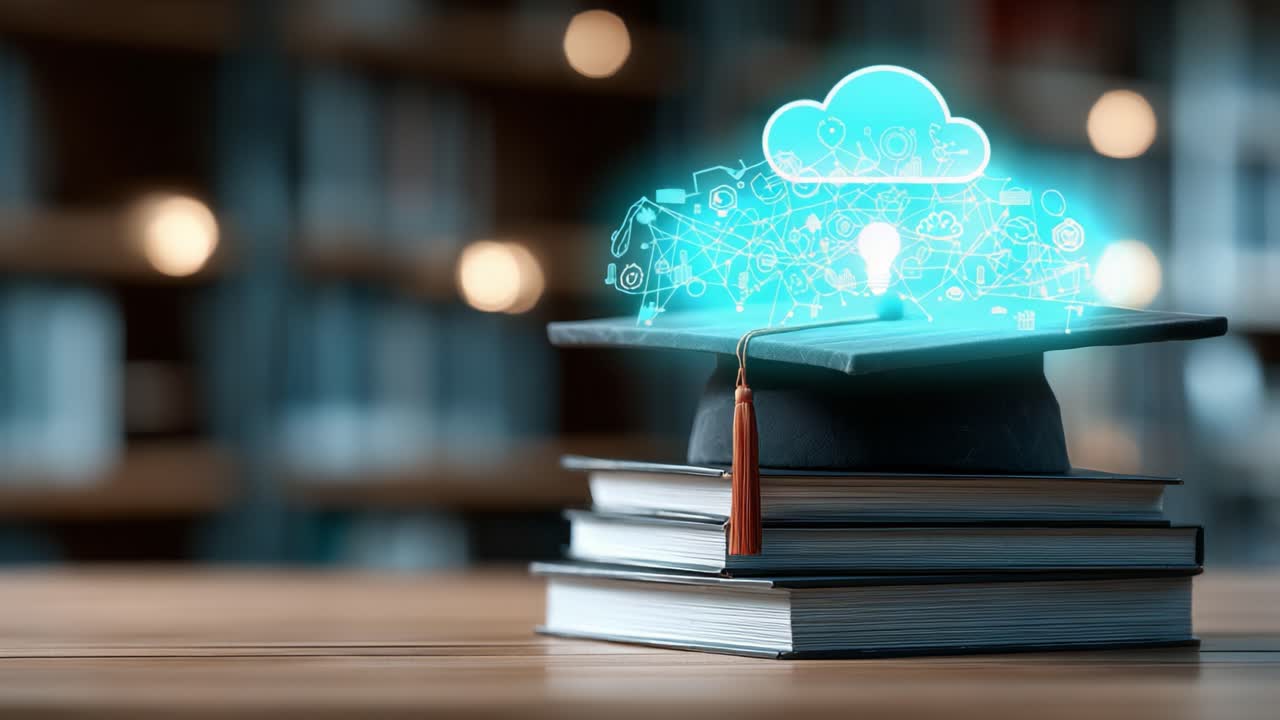 A Captivating Exploration of Knowledge and Innovation: The Graduation Cap Surrounded by Books and Digital Elements Symbolizing Learning in a Modern Educational Context