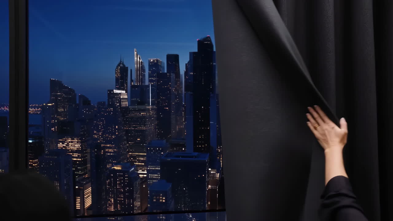 Person pulling back a curtain to reveal a vibrant city skyline at night