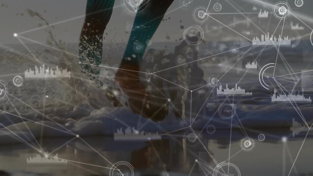 Lower legs stepping into surf causing splash and mapping foot motion with tech data chart overlay
