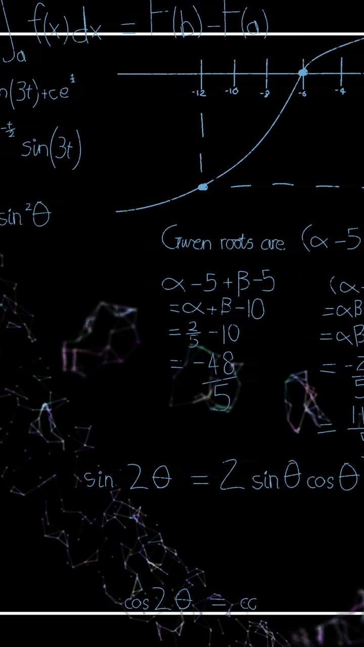 Animazione di equazioni matematiche su rete di connessioni su sfondo nero