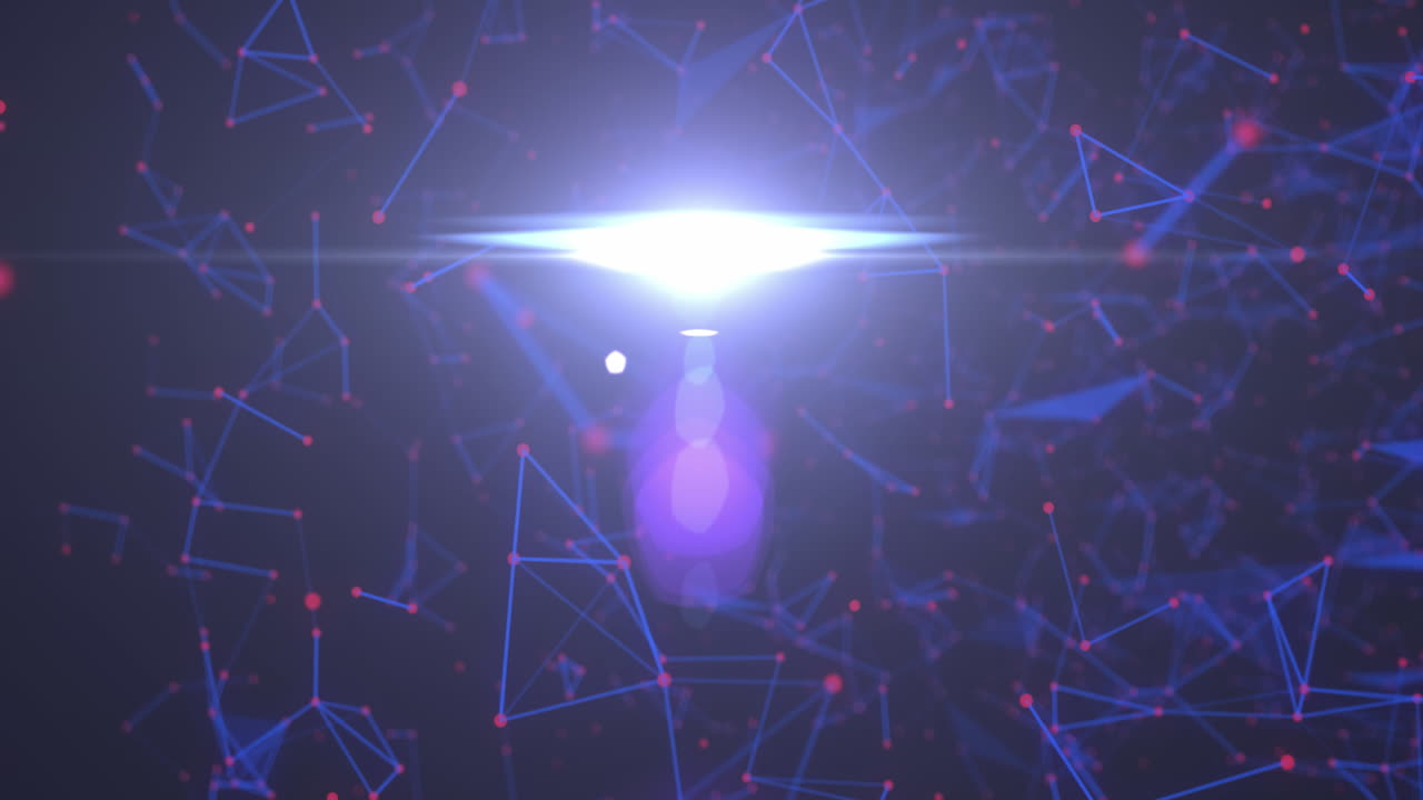 Animation of bright light spot over plexus networks floating against black background