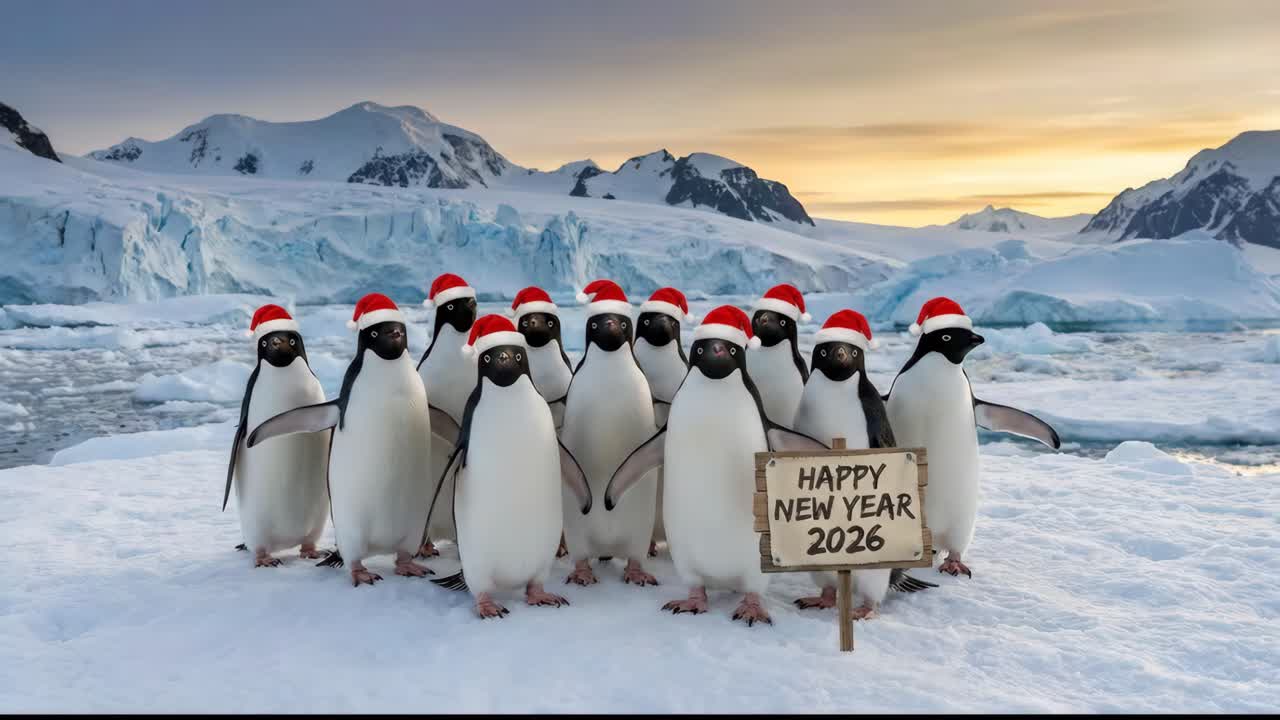 Penguins celebrating New Year 2026 in Antarctica