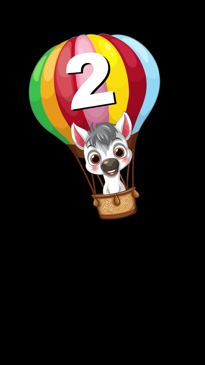 Animated colorful hot air balloons with number two and donkey characters fall vertically against black.