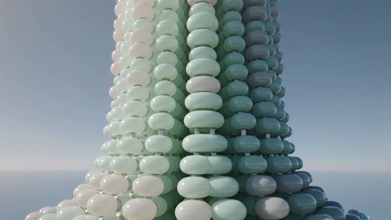 Pulling back, camera panning up revealing mint cream torus column with links in sea for reveal