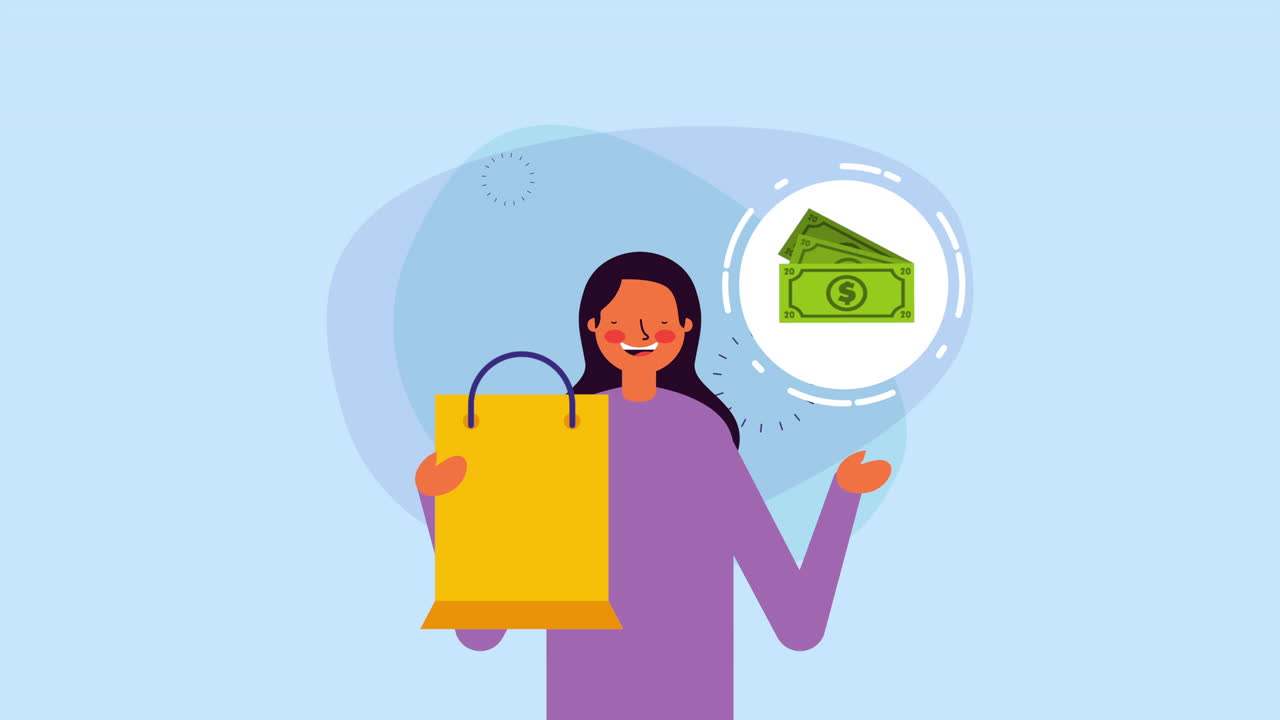 young businesswoman with shopping bag and bills