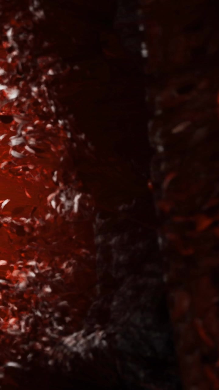 Una texture rossa riempie l'inquadratura mostrando elementi naturali in primo piano.