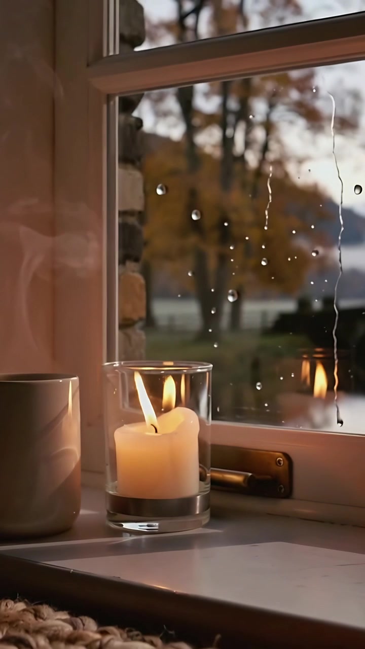 Vidéo verticale: Bougie pilier blanche vacillante après la pluie, créant une lueur chaleureuse sur le rebord de fenêtre avec une tasse