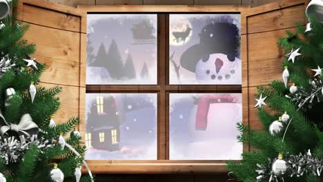 animation of winter christmas scene with house, snowman and santa sleigh seen through window