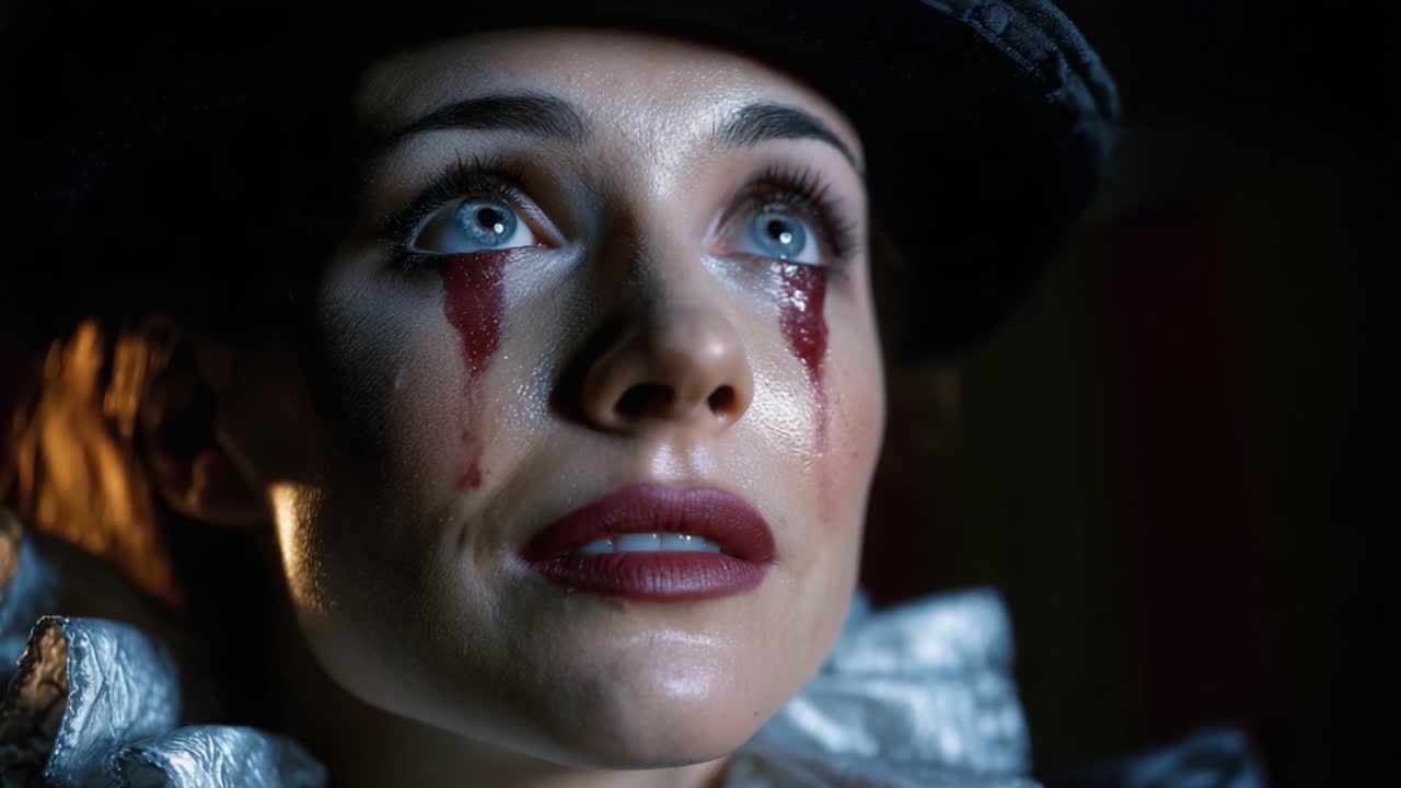Un portrait en gros plan d’un personnage dramatique aux traits saisissants, portant un chapeau vintage, et affichant une profondeur émotionnelle à travers un maquillage strié de larmes et un regard intense