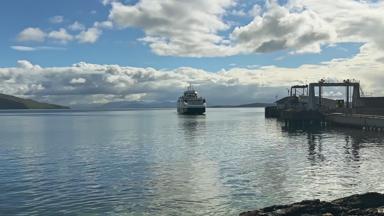 Ship Docked On The Pier, Ocean Bay In Scotland - Wide Shot