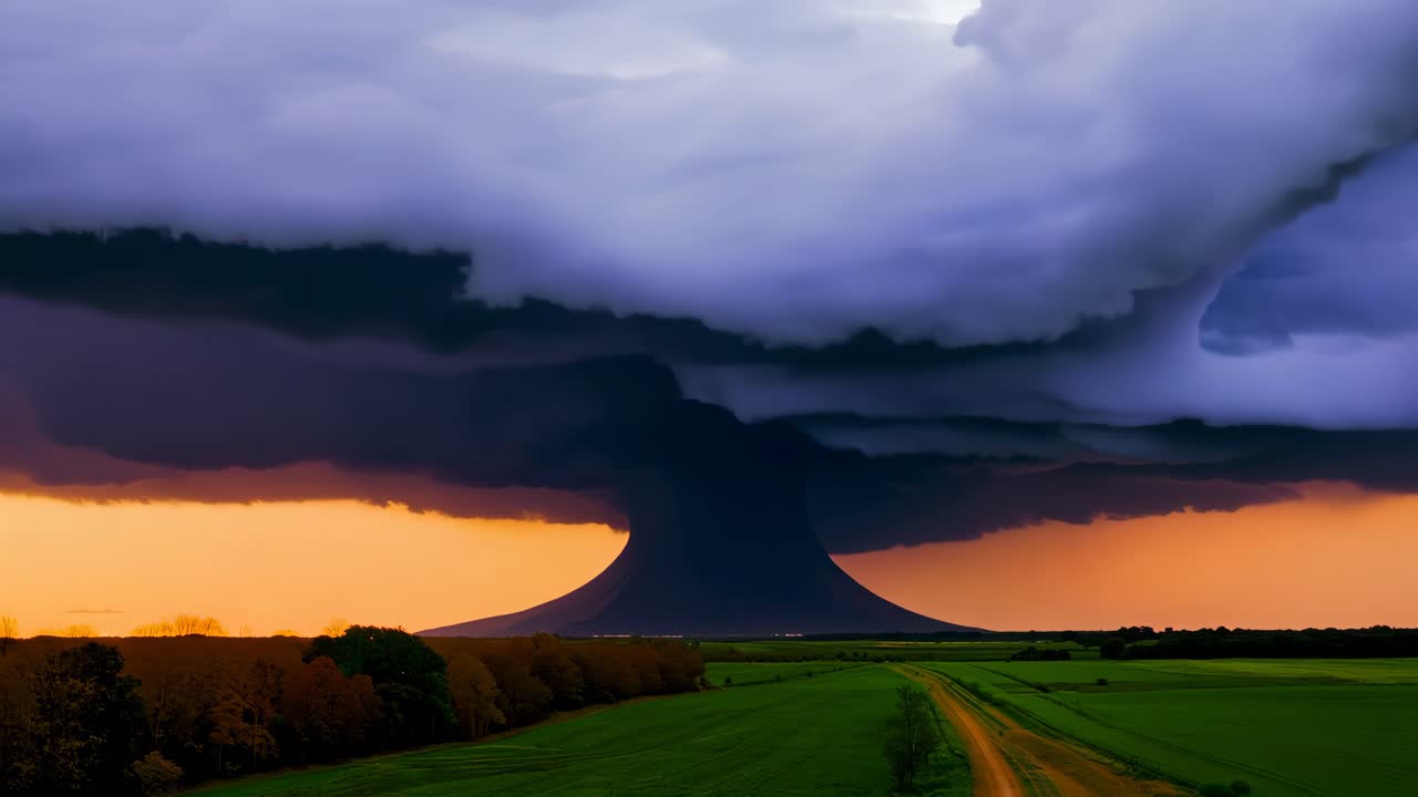 A large cloud is looming over a field of grass. The sky is dark and stormy, with the sun setting in the background. Scene is ominous and foreboding, as if a storm is brewing