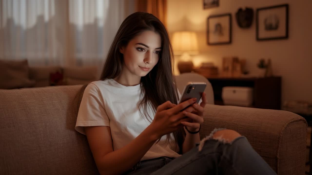 Entering living room, woman sitting on sofa scrolling smartphone under lamp light browsing content