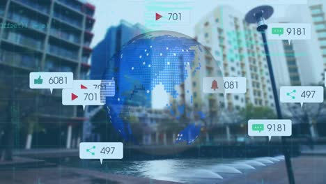 Animación-De-Iconos-De-Globo-Terráqueo-Y-Redes-Sociales-Sobre-El-Paisaje-Urbano.