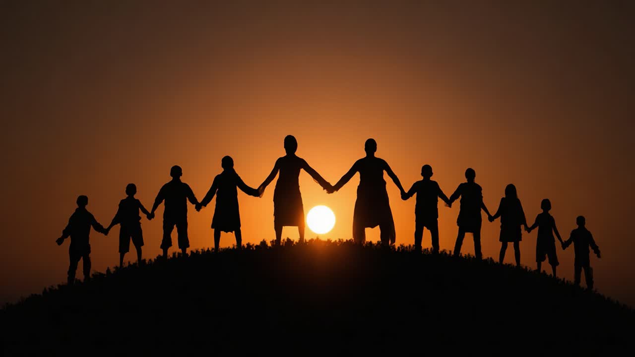 A Heartwarming Connection: Children Holding Hands Against a Vibrant Sunset, Symbolizing Unity and Togetherness in a Beautiful Natural Setting