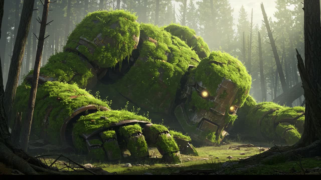 A colossal, moss-covered golem rests peacefully amid towering trees, embodying the harmony between nature and mythical creations in a breathtaking forest landscape