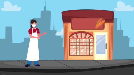 panadero fuera de una panadería en la ciudad