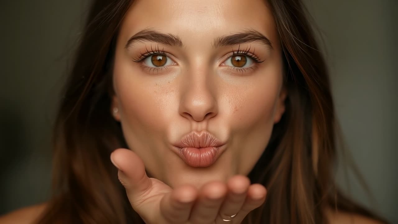 Opening shot showing Hispanic woman blowing kiss and extending ringed hand in softly lit interior