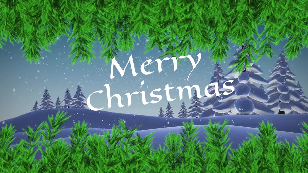 Animation of merry christmas text with fir tree over winter landscape