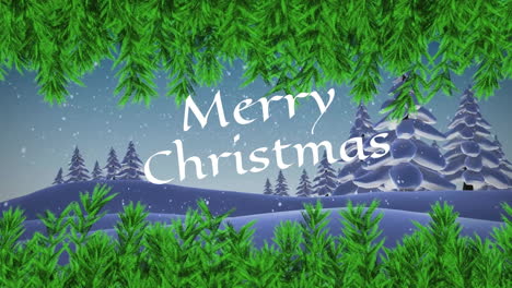 animation of merry christmas text with fir tree over winter landscape