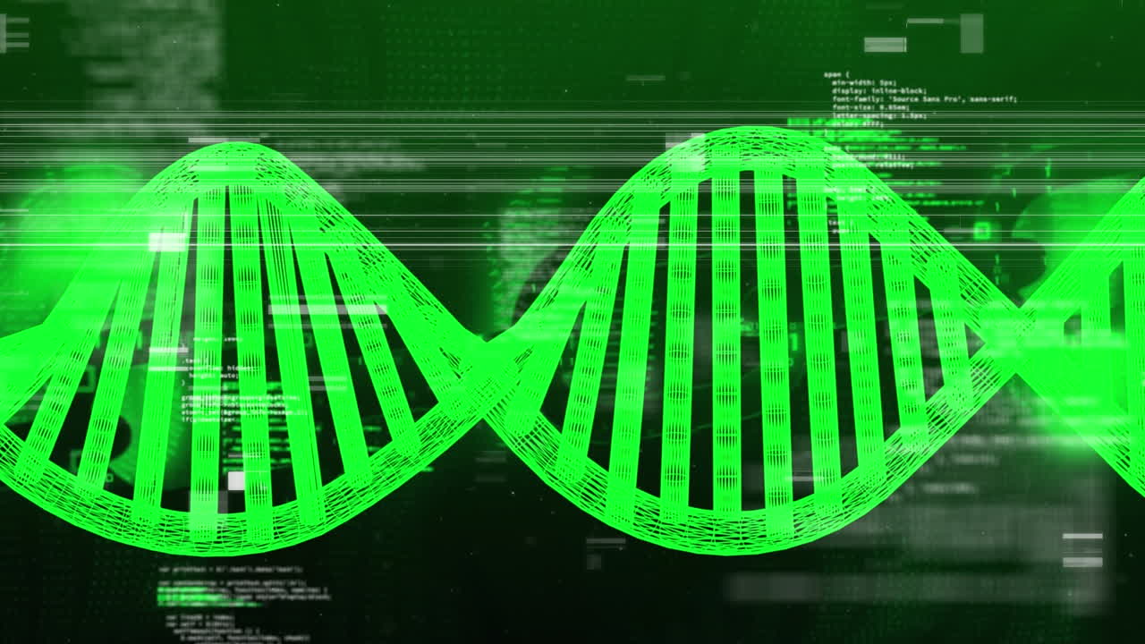 Animation of dna strand and data processing over black background