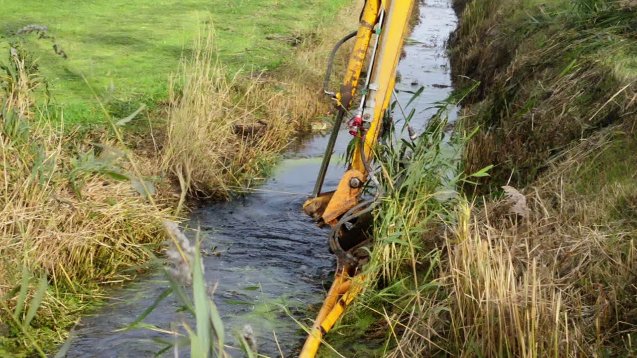 Nahaufnahme vom Entfernen von Wasserpflanzen aus Gräben, um Überschwemmungen bei starken Regenfällen zu verhindern.