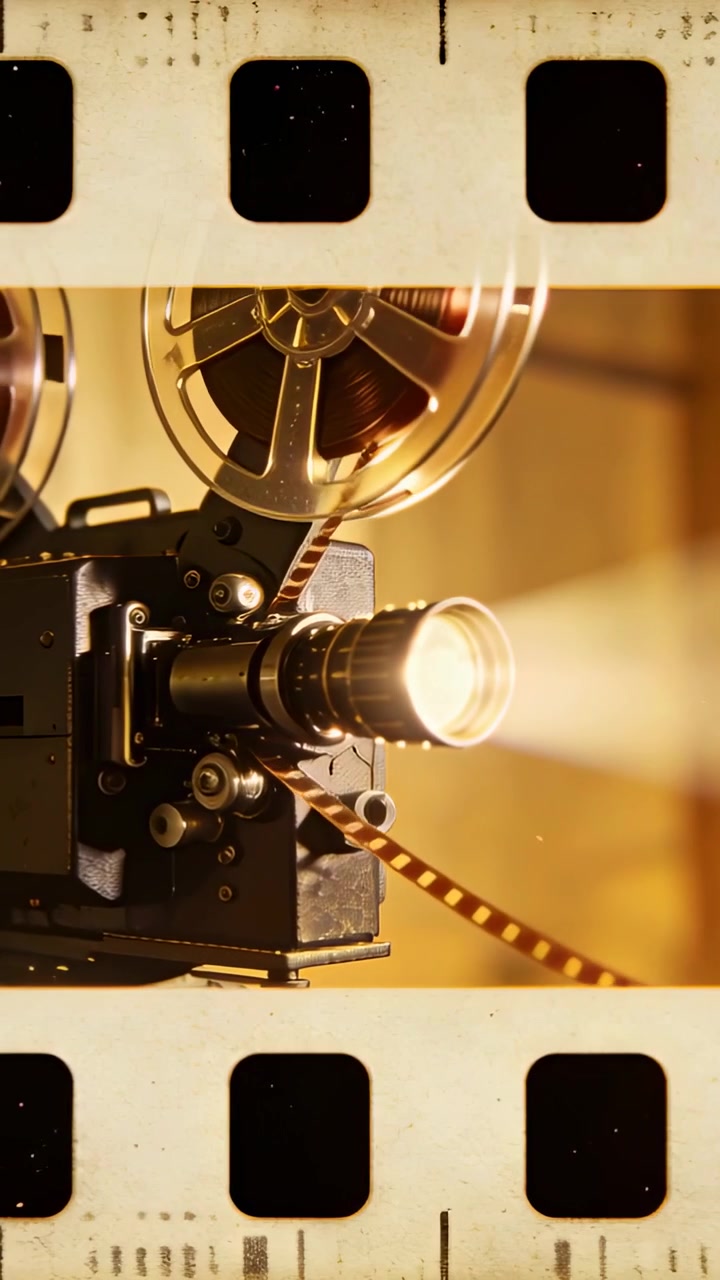 Video verticale: Accensione della lampada, proiettore vintage che fa girare la bobina in cabina, alimentando la pellicola per la proiezione.