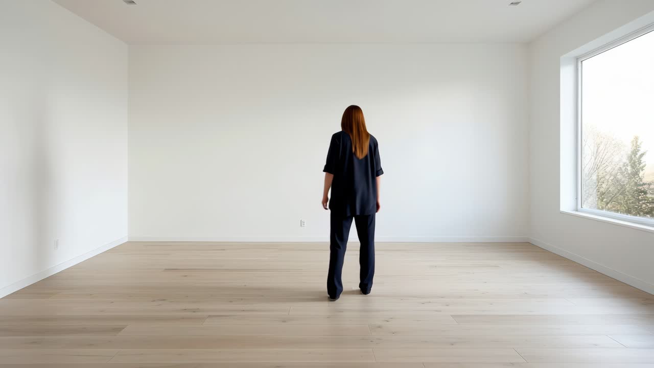 Minimalist empty room with wooden floors and large window. Wide-angle shot ideal for real estate